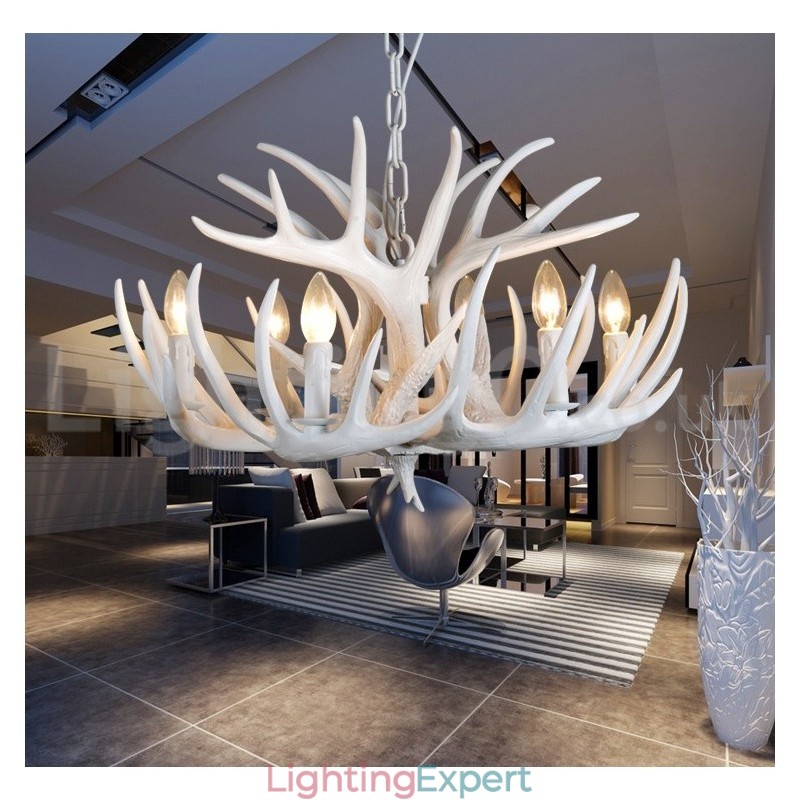 6 Light Rustic Artistic Retro Antler White Chandelier