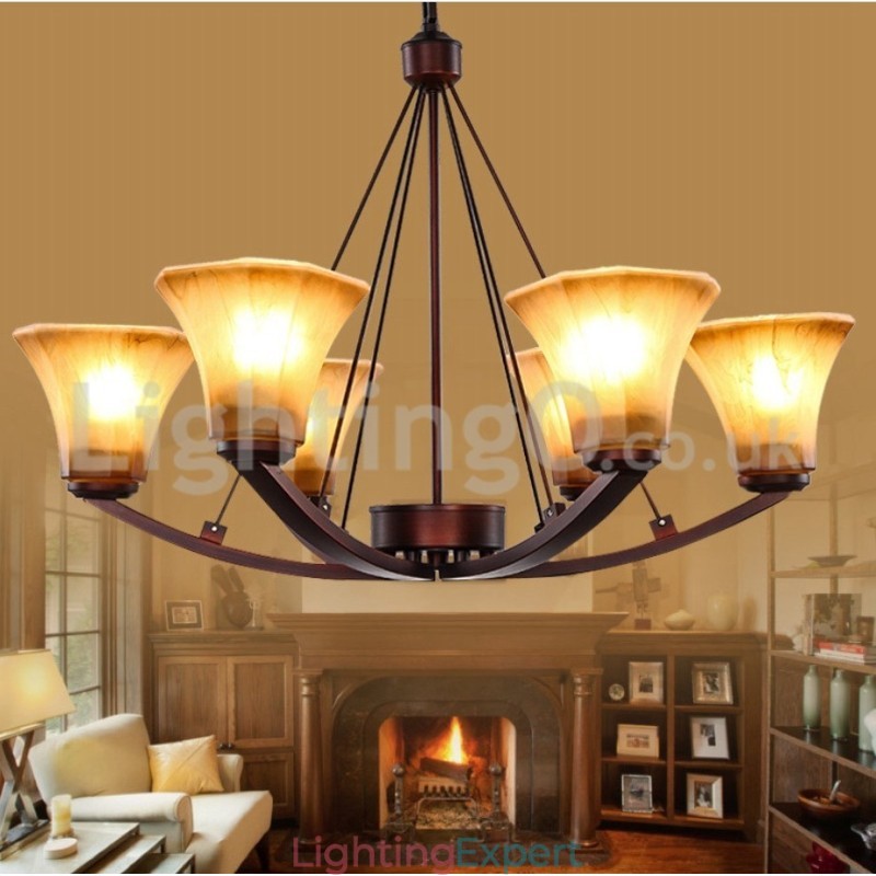 Rustic 6 bulbs Glass Lamp shade Stainless Chandelier