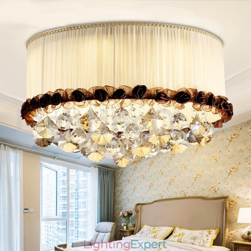 Contemporary Modern 50CM Round Flush Mount Crystal Ceiling Lights Fabric Shade