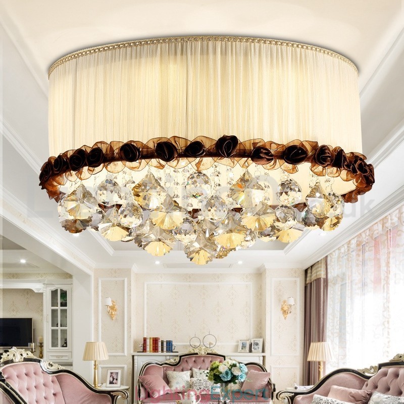 Contemporary Modern 50CM Round Flush Mount Crystal Ceiling Lights Fabric Shade