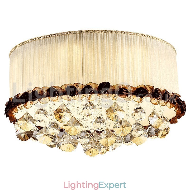 Contemporary Modern 50CM Round Flush Mount Crystal Ceiling Lights Fabric Shade