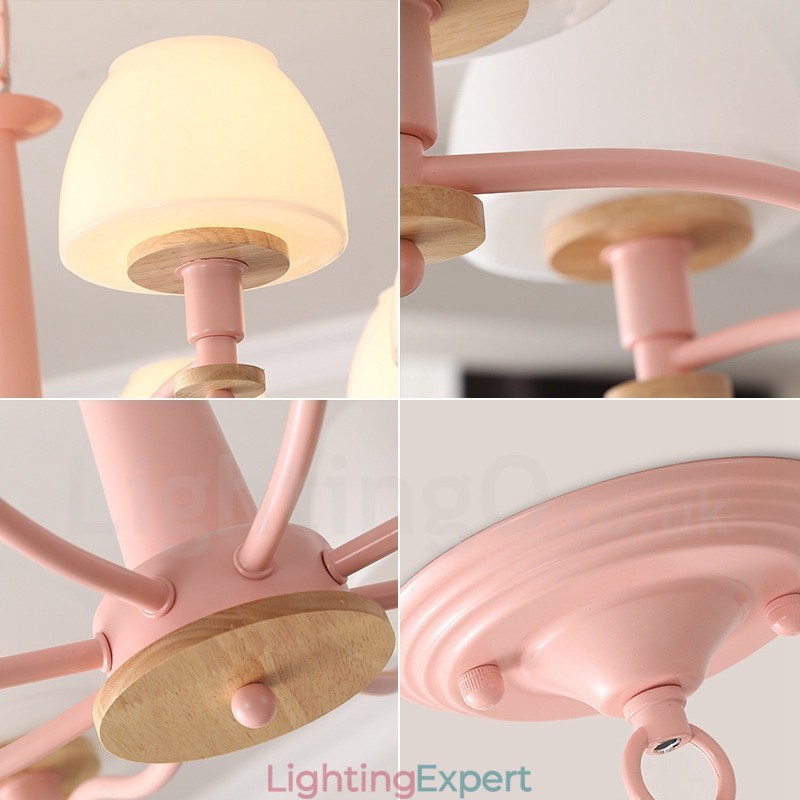 6 Light 8 Light Multi Colours Macaron Wood Pendant Light with Glass Shades Chandelier Nordic Style