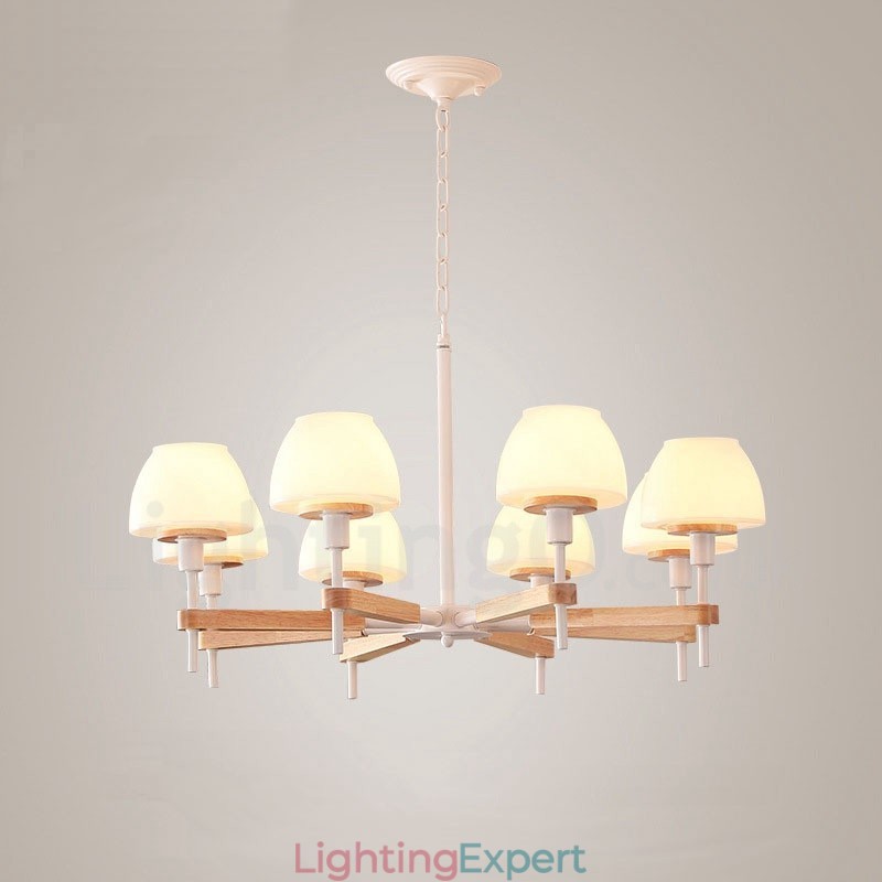 6 Light 8 Light Multi Colours Macaron Wood Pendant Light with Glass Shades Chandelier Nordic Style