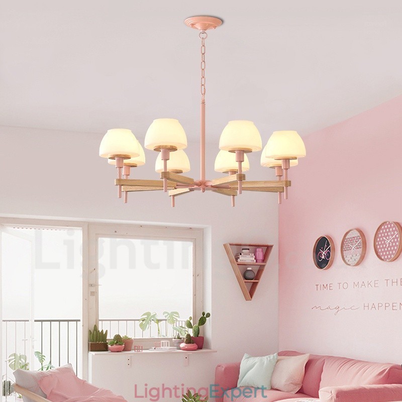 6 Light 8 Light Multi Colours Macaron Wood Pendant Light with Glass Shades Chandelier Nordic Style