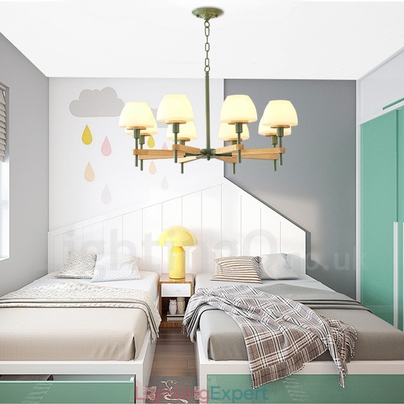 6 Light 8 Light Multi Colours Macaron Wood Pendant Light with Glass Shades Chandelier Nordic Style
