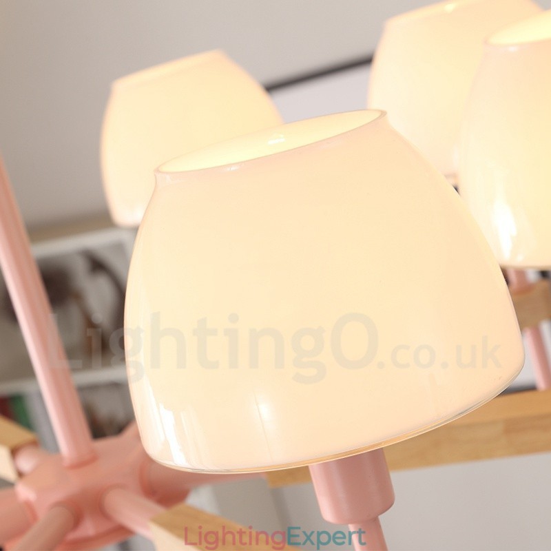 6 Light 8 Light Multi Colours Macaron Wood Pendant Light with Glass Shades Chandelier Nordic Style