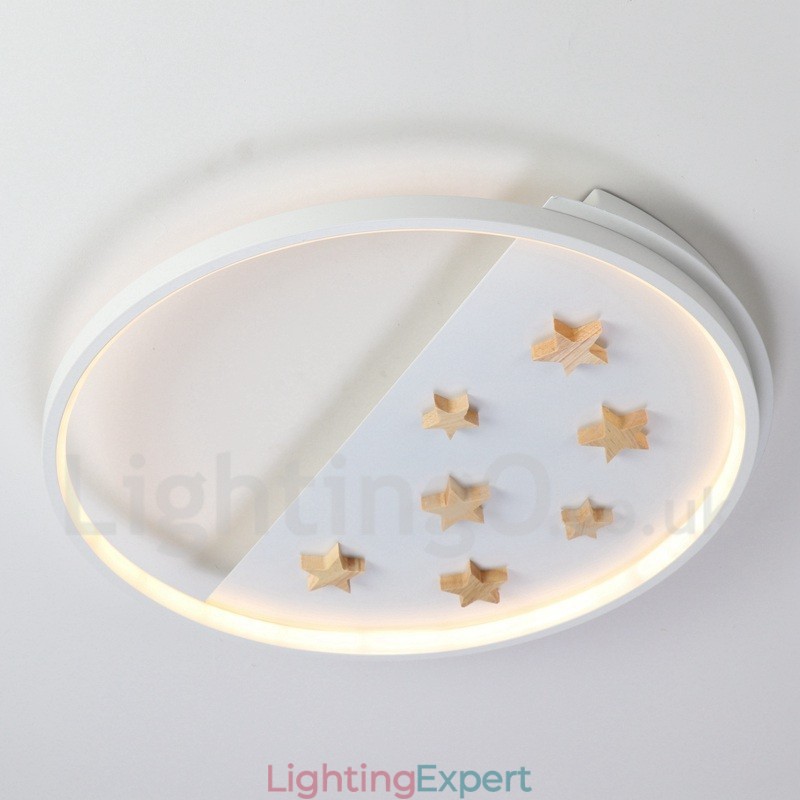 Dimmable White Stars Round Wood Ceiling Light Ultrathin Ceiling Lamp Also Can Be Used As Wall Light