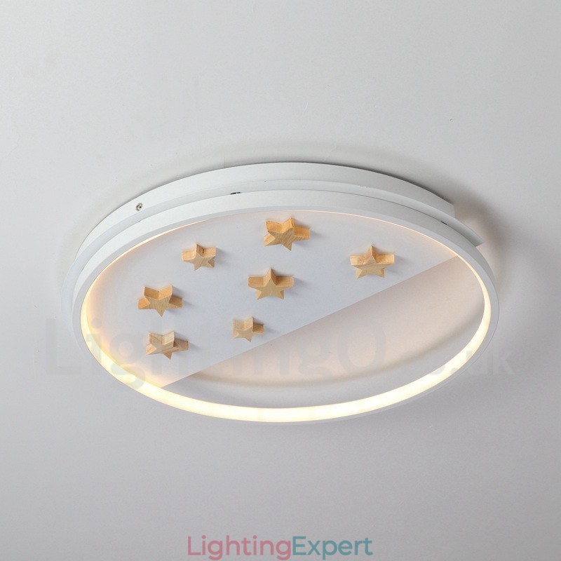 Dimmable White Stars Round Wood Ceiling Light Ultrathin Ceiling Lamp Also Can Be Used As Wall Light