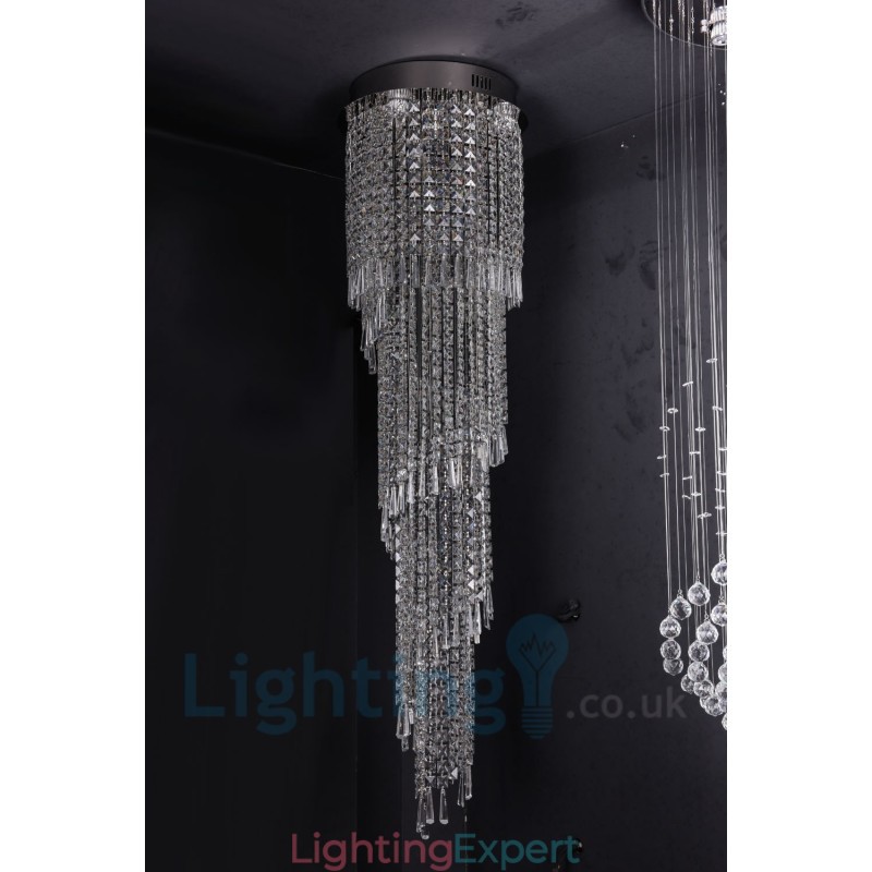 4 x GU10 + 8 x G4 150CM Long Crystal Drop Light Modern K9 Crystal Round Flush Mount Ceiling Light