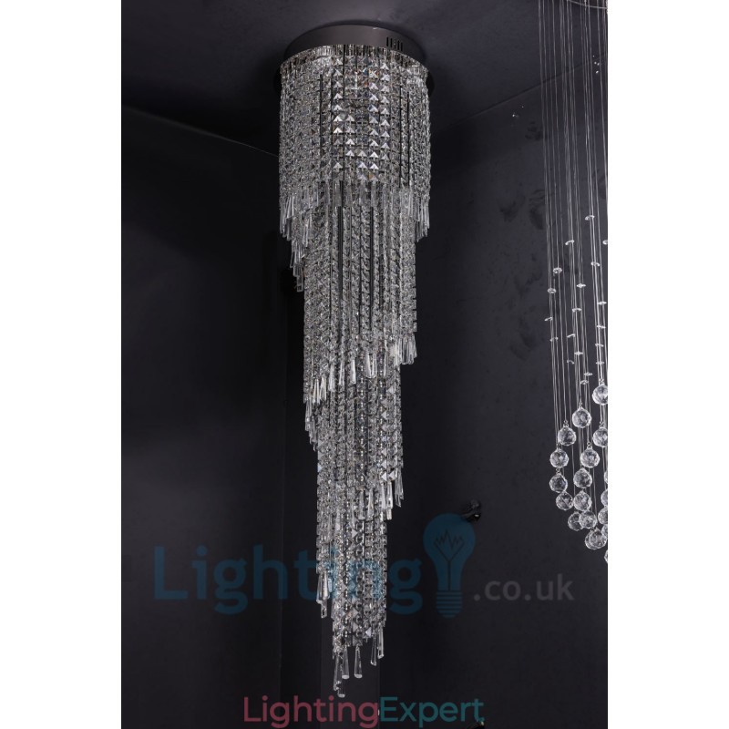 4 x GU10 + 8 x G4 150CM Long Crystal Drop Light Modern K9 Crystal Round Flush Mount Ceiling Light