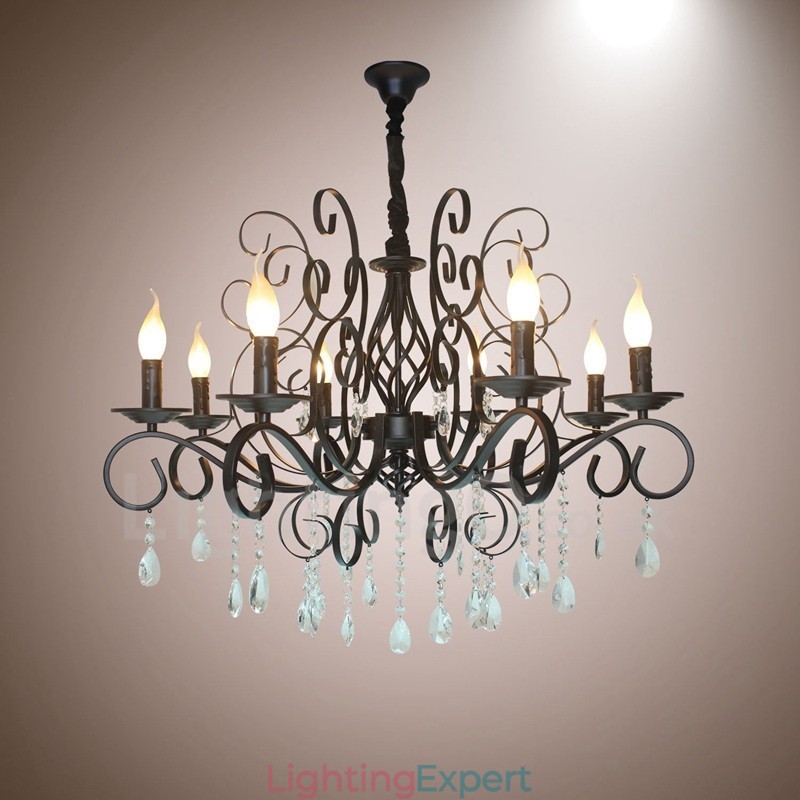8 Light Crystal Rustic Retro Vintage Black Pendant Candle Chandelier