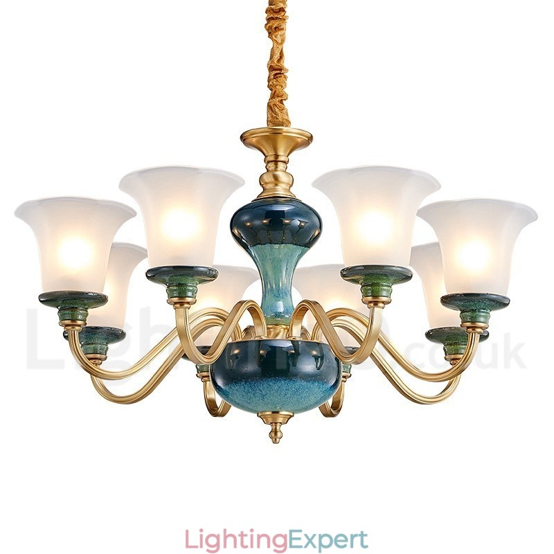 Retro Vintage Brass Ceramics Pendant Candle Chandelier with Glass Shades