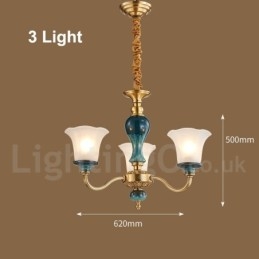 Retro Vintage Brass Ceramics Pendant Candle Chandelier with Glass Shades