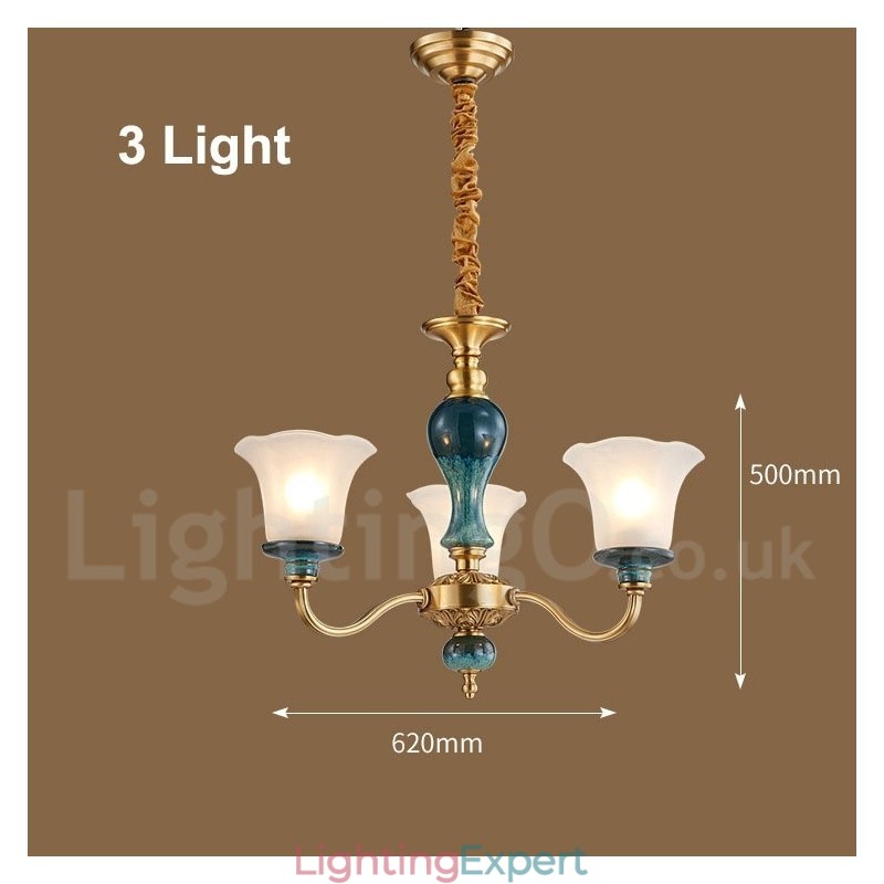 Retro Vintage Brass Ceramics Pendant Candle Chandelier with Glass Shades