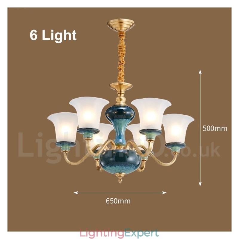 Retro Vintage Brass Ceramics Pendant Candle Chandelier with Glass Shades