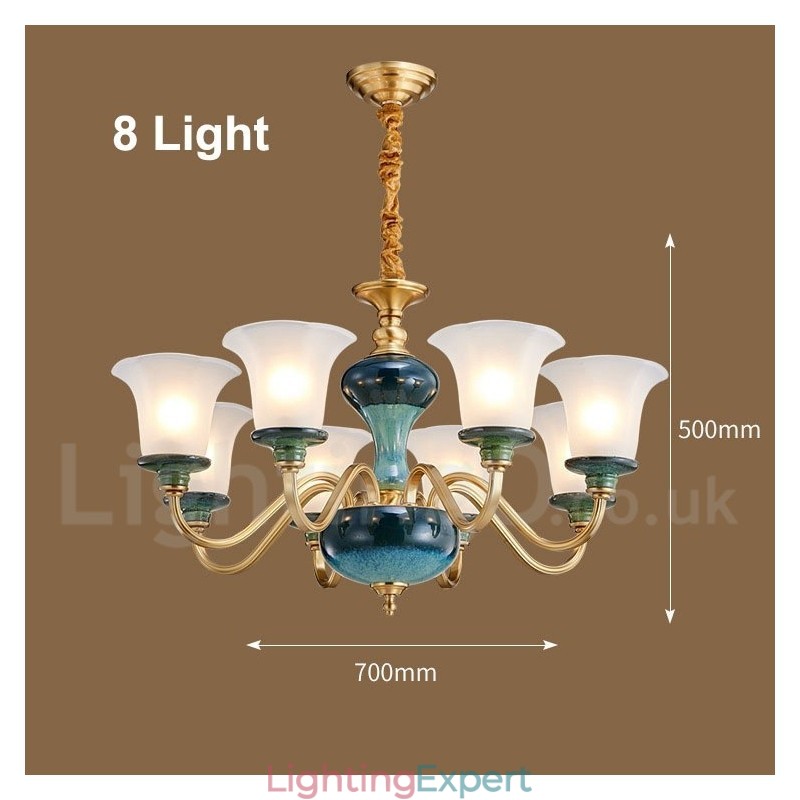 Retro Vintage Brass Ceramics Pendant Candle Chandelier with Glass Shades