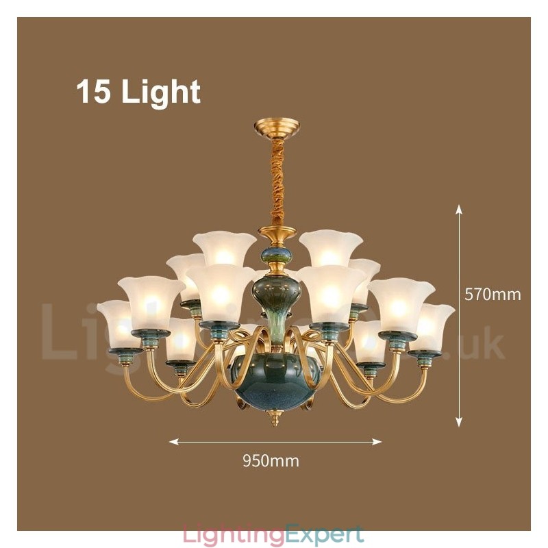 Retro Vintage Brass Ceramics Pendant Candle Chandelier with Glass Shades