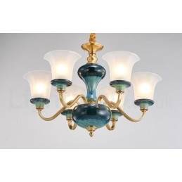 Retro Vintage Brass Ceramics Pendant Candle Chandelier with Glass Shades