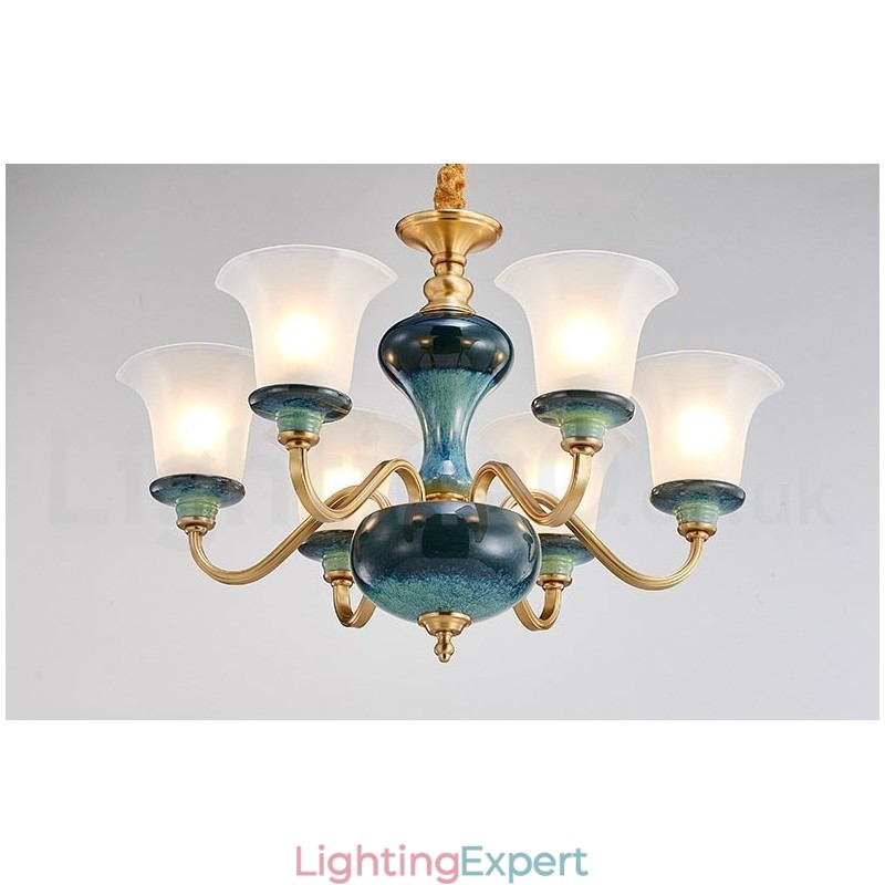 Retro Vintage Brass Ceramics Pendant Candle Chandelier with Glass Shades