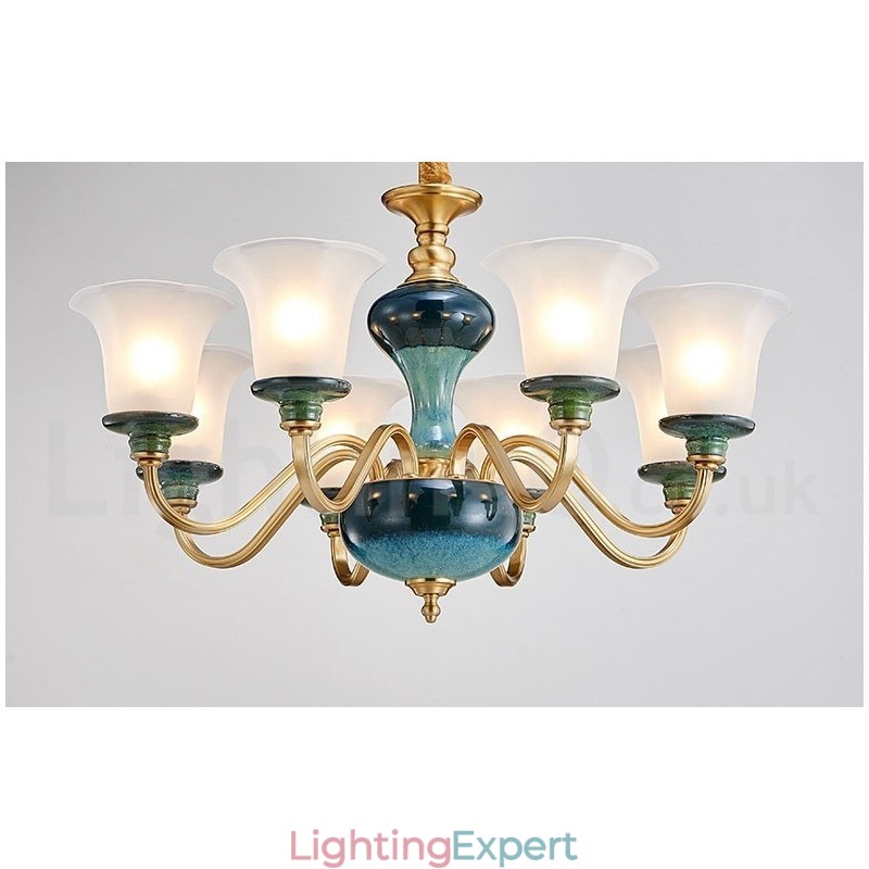 Retro Vintage Brass Ceramics Pendant Candle Chandelier with Glass Shades