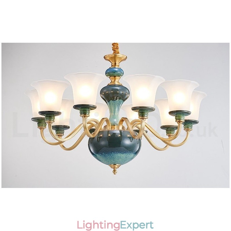 Retro Vintage Brass Ceramics Pendant Candle Chandelier with Glass Shades