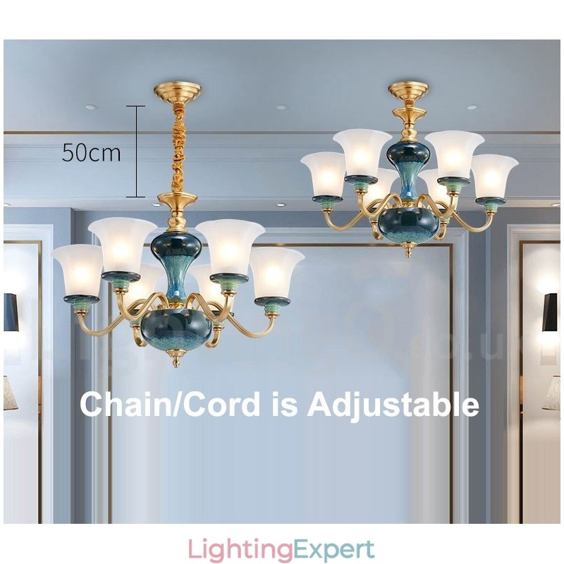 Retro Vintage Brass Ceramics Pendant Candle Chandelier with Glass Shades
