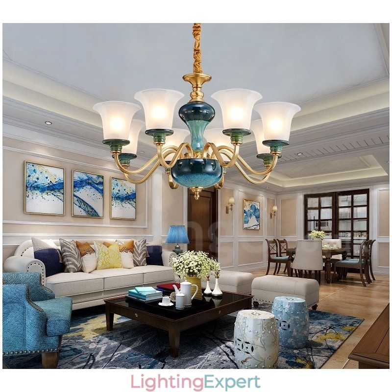 Retro Vintage Brass Ceramics Pendant Candle Chandelier with Glass Shades