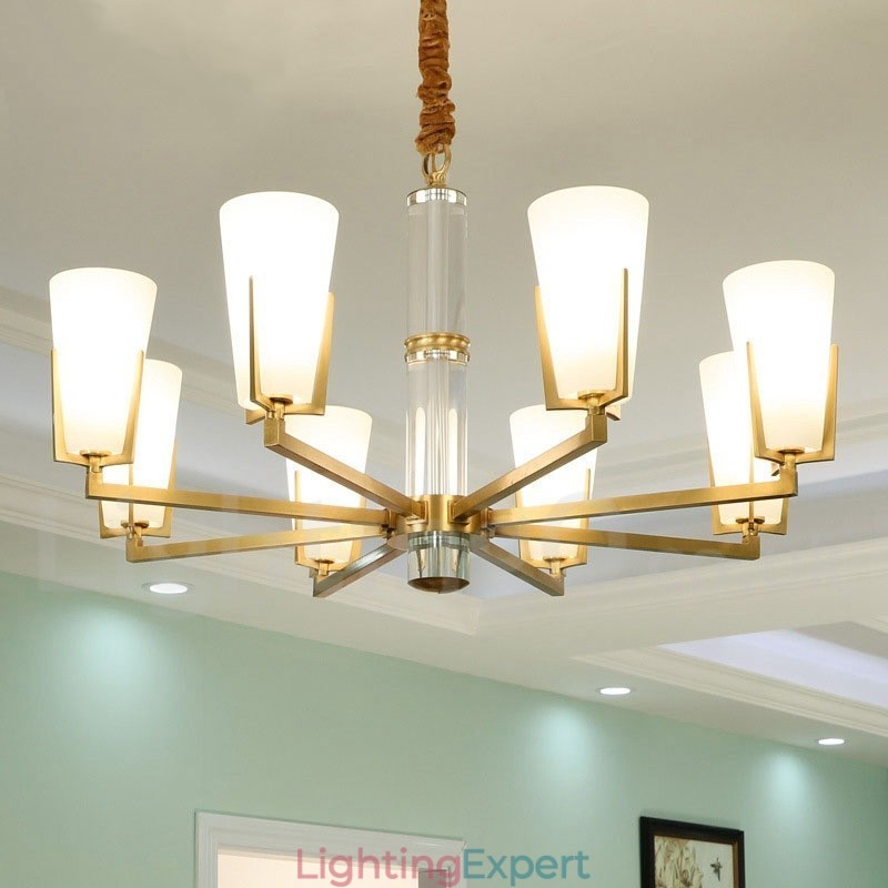 Retro Vintage Brass Crystals Pendant Candle Chandelier with Glass Shades