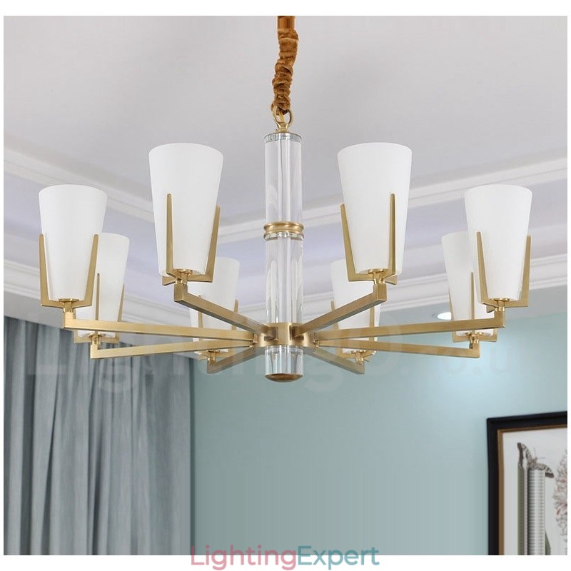 Retro Vintage Brass Crystals Pendant Candle Chandelier with Glass Shades