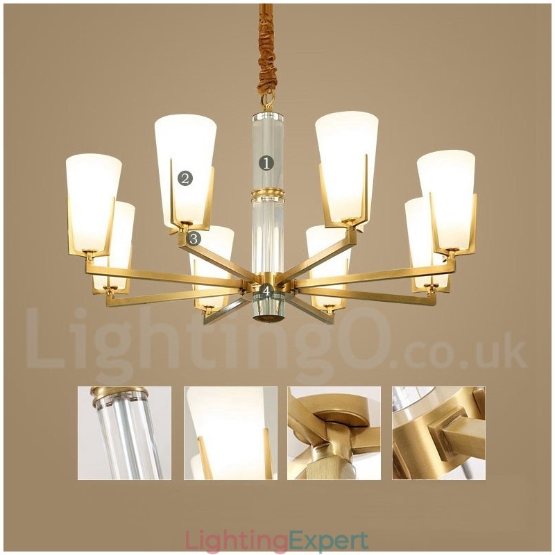 Retro Vintage Brass Crystals Pendant Candle Chandelier with Glass Shades