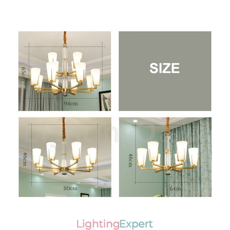 Retro Vintage Brass Crystals Pendant Candle Chandelier with Glass Shades