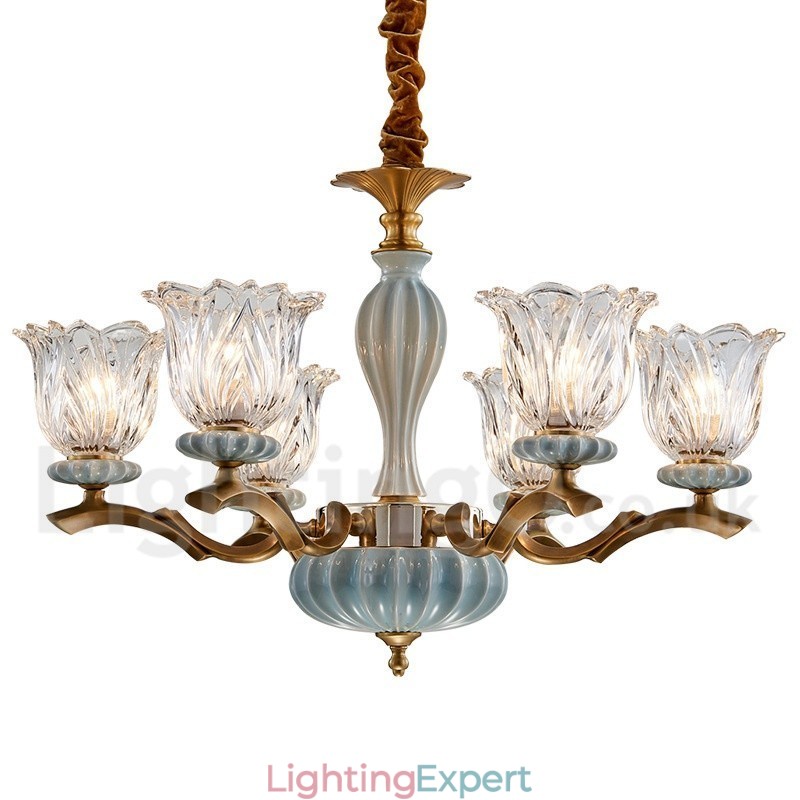 Retro Vintage Brass Ceramics Pendant Candle Chandelier with Glass Shades