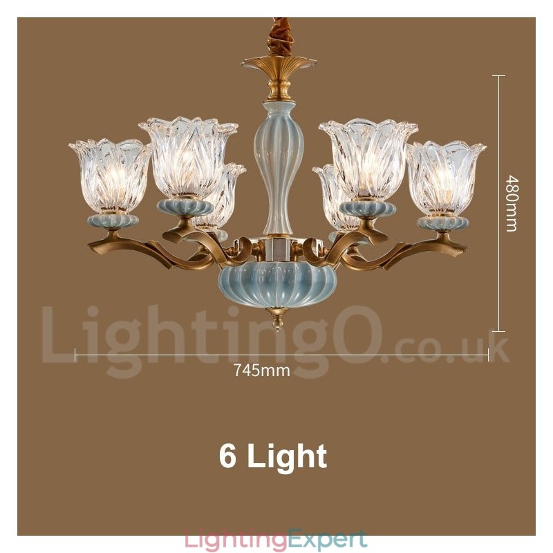 Retro Vintage Brass Ceramics Pendant Candle Chandelier with Glass Shades
