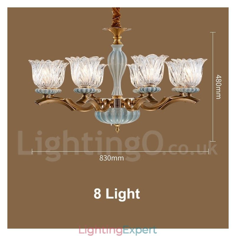 Retro Vintage Brass Ceramics Pendant Candle Chandelier with Glass Shades