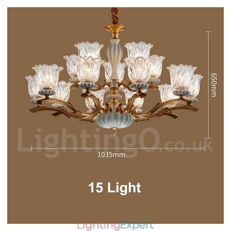 Retro Vintage Brass Ceramics Pendant Candle Chandelier with Glass Shades