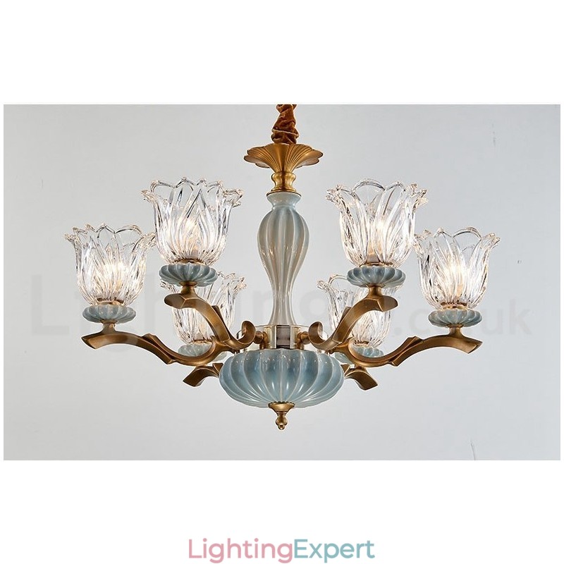 Retro Vintage Brass Ceramics Pendant Candle Chandelier with Glass Shades