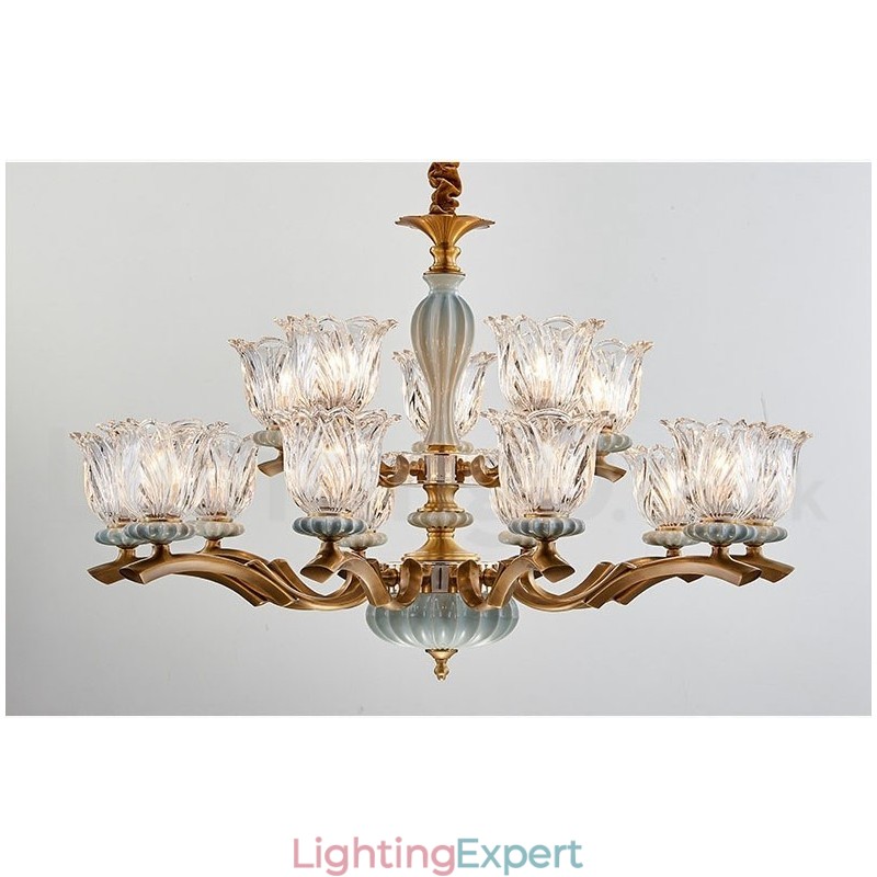 Retro Vintage Brass Ceramics Pendant Candle Chandelier with Glass Shades