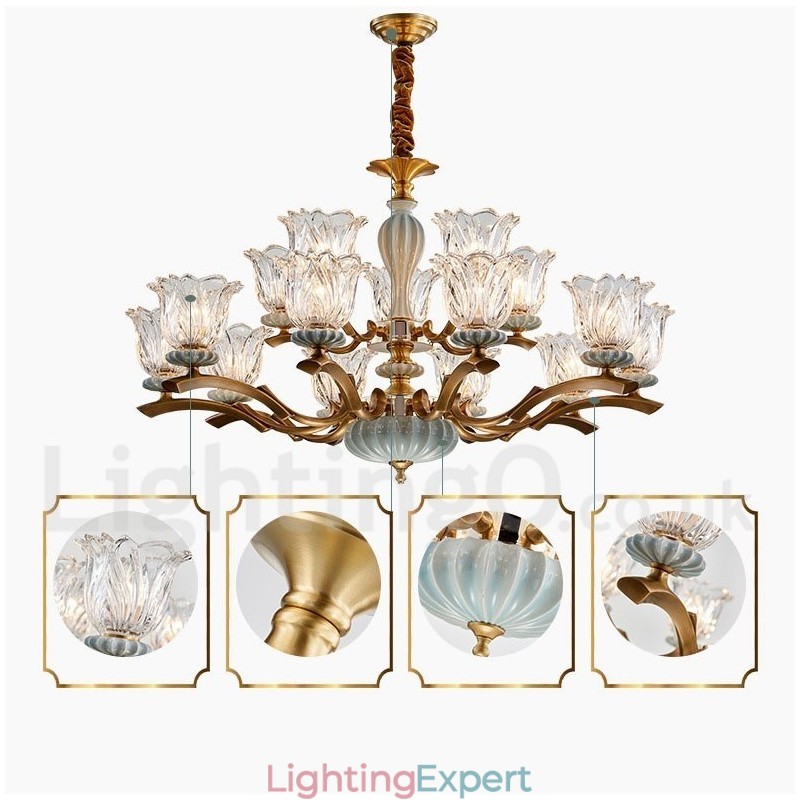 Retro Vintage Brass Ceramics Pendant Candle Chandelier with Glass Shades