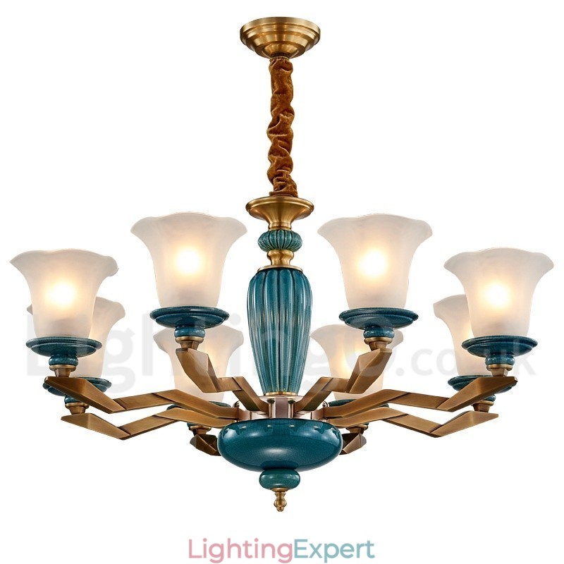 Retro Vintage Brass Ceramics Pendant Candle Chandelier with Glass Shades
