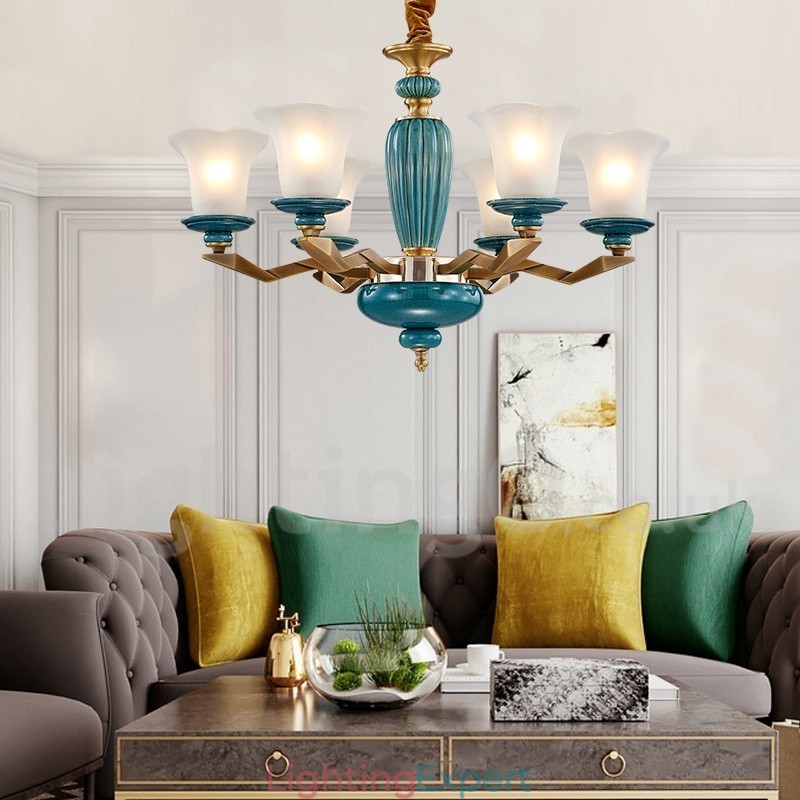 Retro Vintage Brass Ceramics Pendant Candle Chandelier with Glass Shades