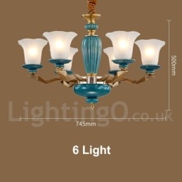 Retro Vintage Brass Ceramics Pendant Candle Chandelier with Glass Shades