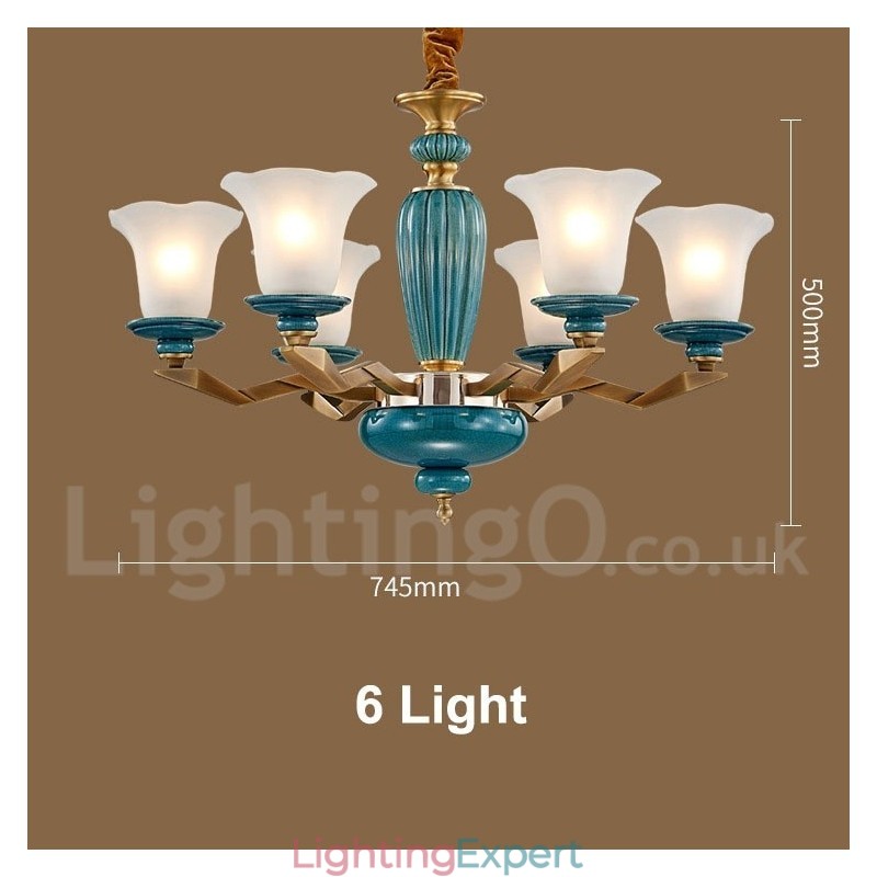 Retro Vintage Brass Ceramics Pendant Candle Chandelier with Glass Shades