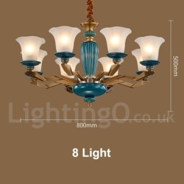 Retro Vintage Brass Ceramics Pendant Candle Chandelier with Glass Shades