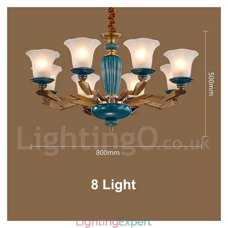 Retro Vintage Brass Ceramics Pendant Candle Chandelier with Glass Shades