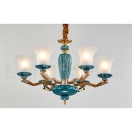 Retro Vintage Brass Ceramics Pendant Candle Chandelier with Glass Shades