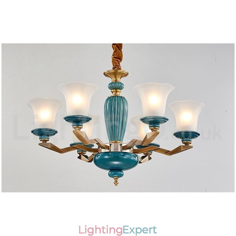 Retro Vintage Brass Ceramics Pendant Candle Chandelier with Glass Shades