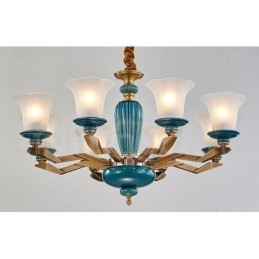 Retro Vintage Brass Ceramics Pendant Candle Chandelier with Glass Shades