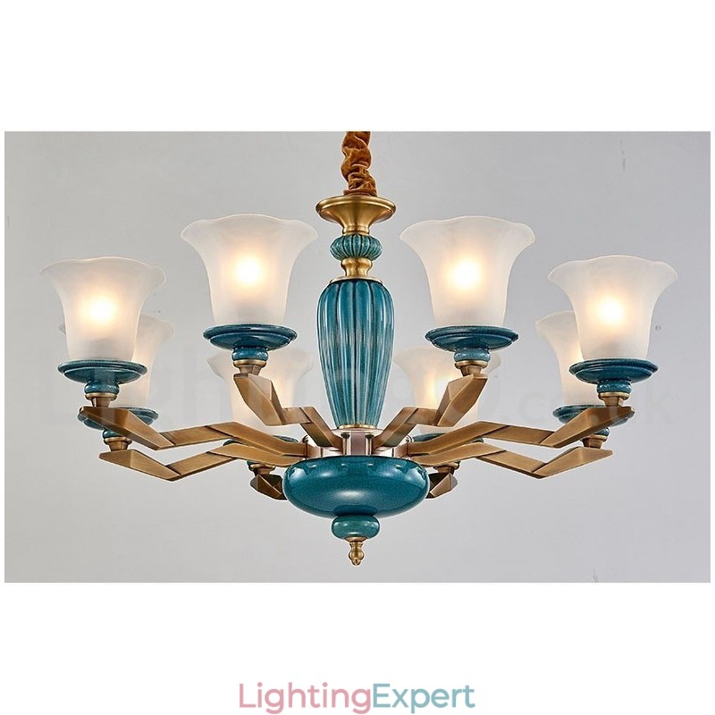Retro Vintage Brass Ceramics Pendant Candle Chandelier with Glass Shades
