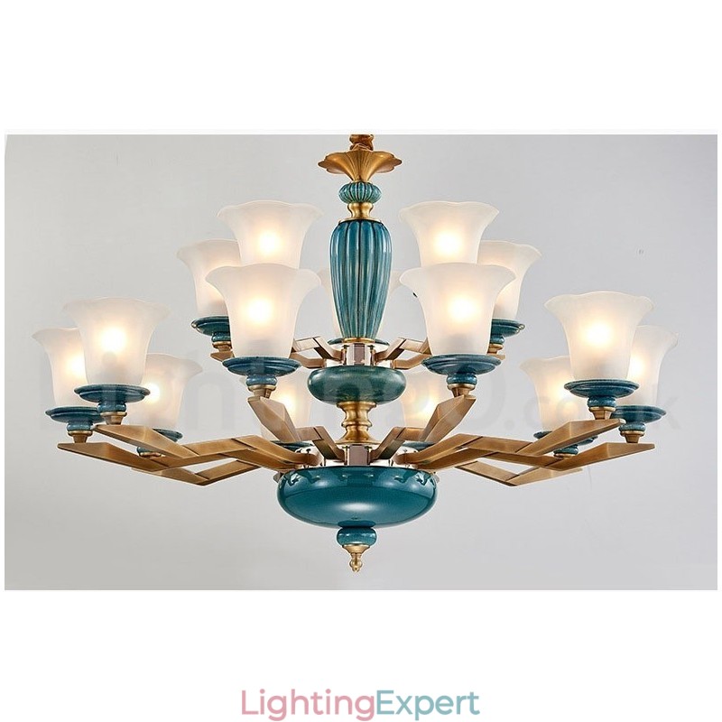 Retro Vintage Brass Ceramics Pendant Candle Chandelier with Glass Shades