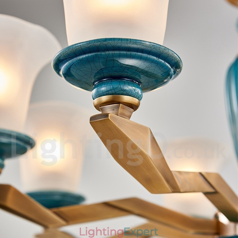 Retro Vintage Brass Ceramics Pendant Candle Chandelier with Glass Shades